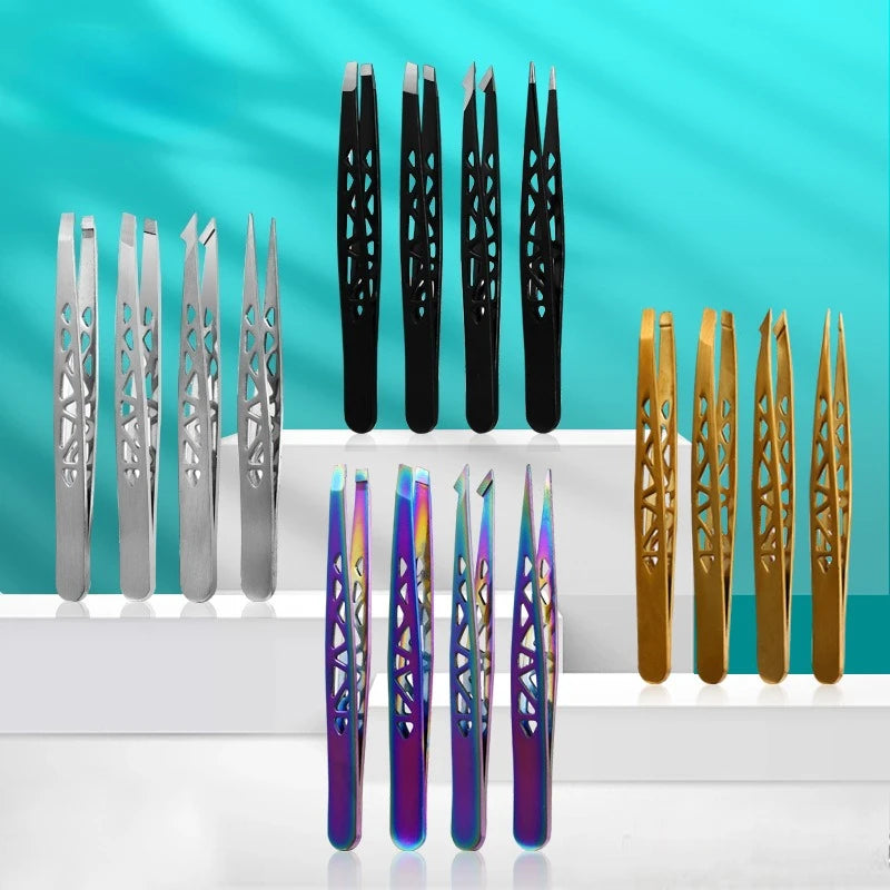 4pcs Precision Eyebrow Tweezers Set - Stainless Steel Tools for Brow Shaping, Beard Plucking & False Lash Application Eyebrow Gr