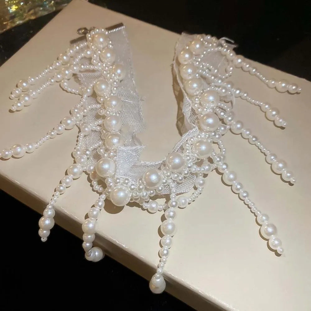 Neck Pendant White Pearl Lace Choker Creative Alloy Tassel Beads Necklace French Style Collarbone Chain Mesh Neck Jewelry Gift