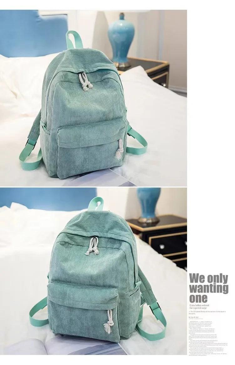Corduroy Backpack, Academy Fashion School Bags for Middle/High School & College, Cute Tassel Detail, Versatile Casual Daily Bag