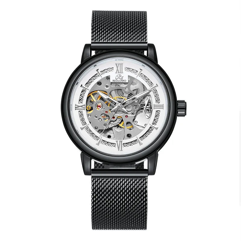 Men's automatic mechanical watch, European and American fashion hollow mechanical watch, woven mesh belt men's watch