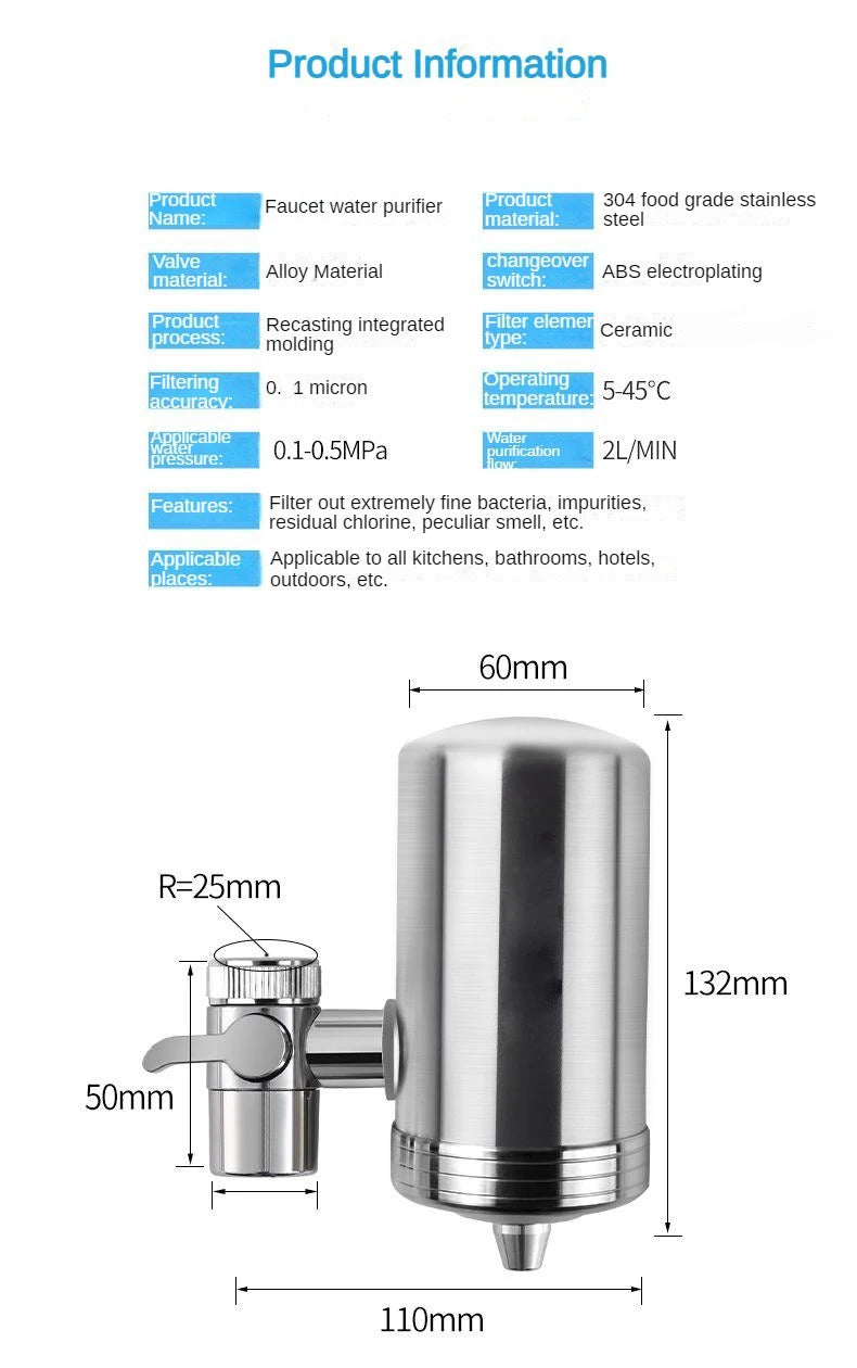7 Layer 0.1μm Drinking Water Faucet Purifier Eco Tap Filter Stainless Steel Ceramic Activated Carbon KDF Cartridge Home Kitchen
