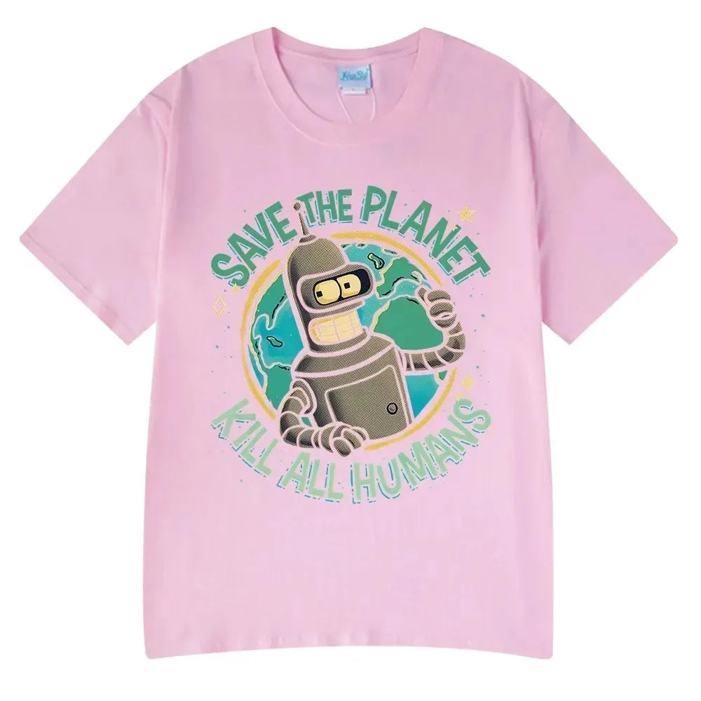 Summer Fashion Hot Save The Planet Kill All Humans Funny Tops Robot Print Oversized T-Shirts Men Women Short Sleeve Cotton Tops