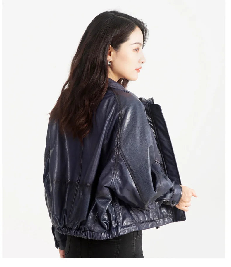 Oil Wax Sheepskin Coats for Women Winter 2024 Green/Blue/Red/Black Fahion Loose Slim Motorcycle Zipper Short Leather Jacket