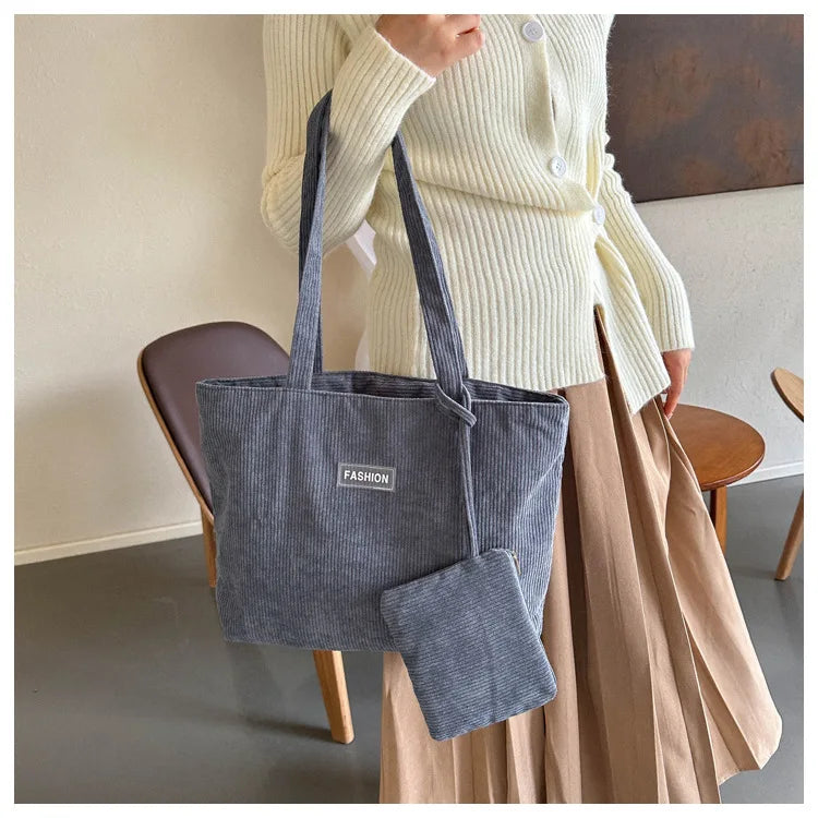 Ladies' handbag, corduroy ladies' shoulder bag, daily commuting tote bag, shoulder bag with small bag