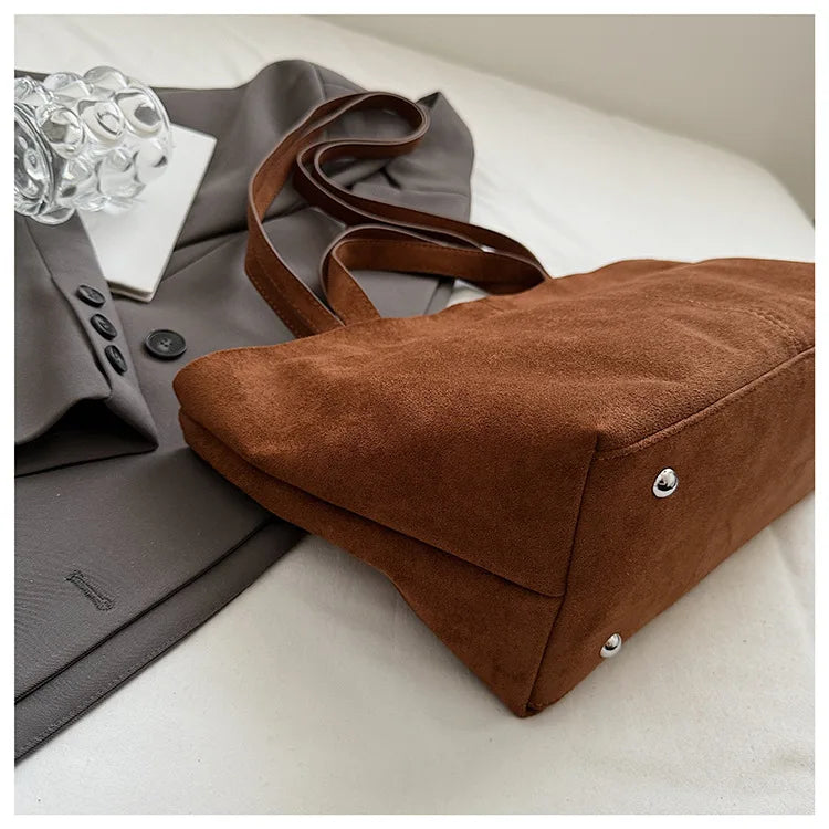 Large Capacity Tote Women Bag Retro Faux Suede Shoulder Bag Quitting Designer Bags for Women Handbag Commuting Shopper Purses