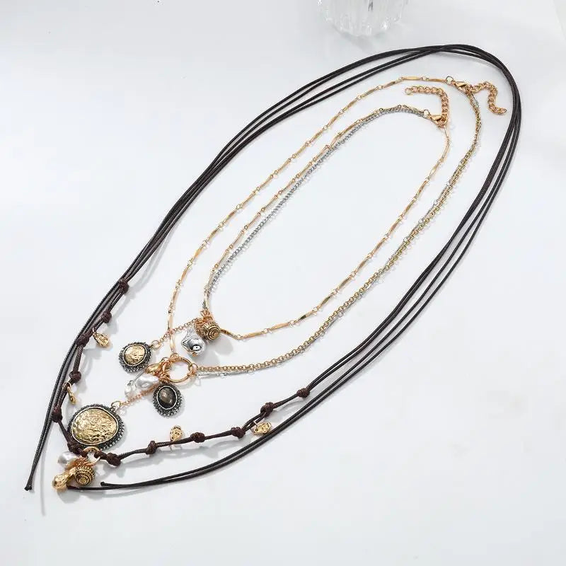 Stylish Women's Bohemian Necklace with Round Coin Badge Pendant; Multi-layer Rope Chain Party Accessory.