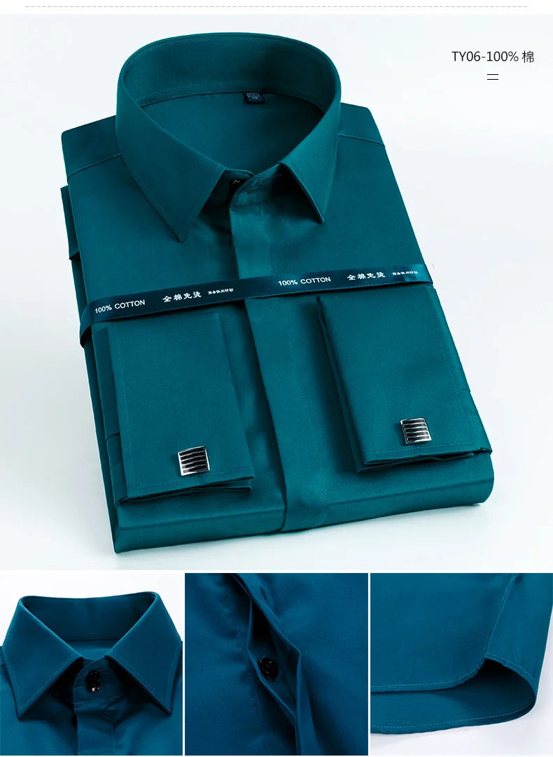 Men's French cufflinks shirt made of pure cotton long sleeved slim fit concealed button, solid color high end wedding dre