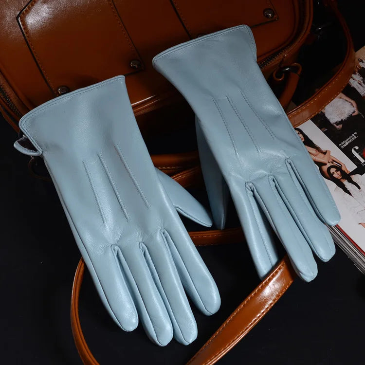 Women's Ladies 100% Real Leather Sheep skin Elegant Winter Warm Thick Lining White Pink Colorful Cute Outdoor Short Gloves