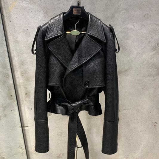 Women Casul Leather Jackets Short Windbreak Design Genuine Grained Sheep Leather Coats Lady