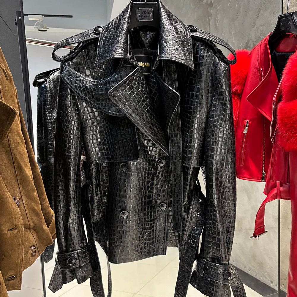 YOLOAgain Double Breasted Croc Pattern Leather Jacket Women 2023 Autumn New Genuine Leather Jacket Ladies