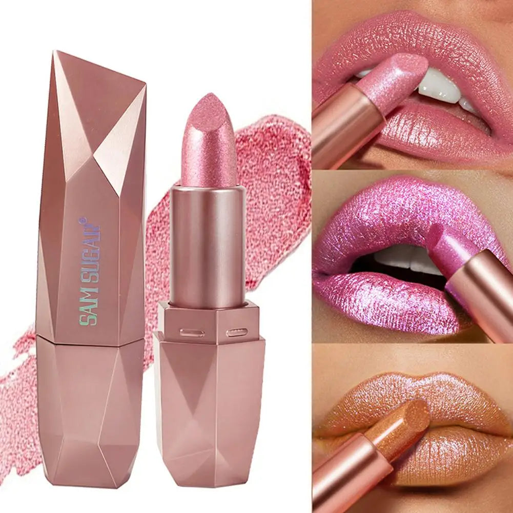 Dark Purple Diamond Metallic Glitter Lipstick Waterproof Long-Lasting Pearlescent Highly Pigmented Lip Tint Sparkling Lip Gloss