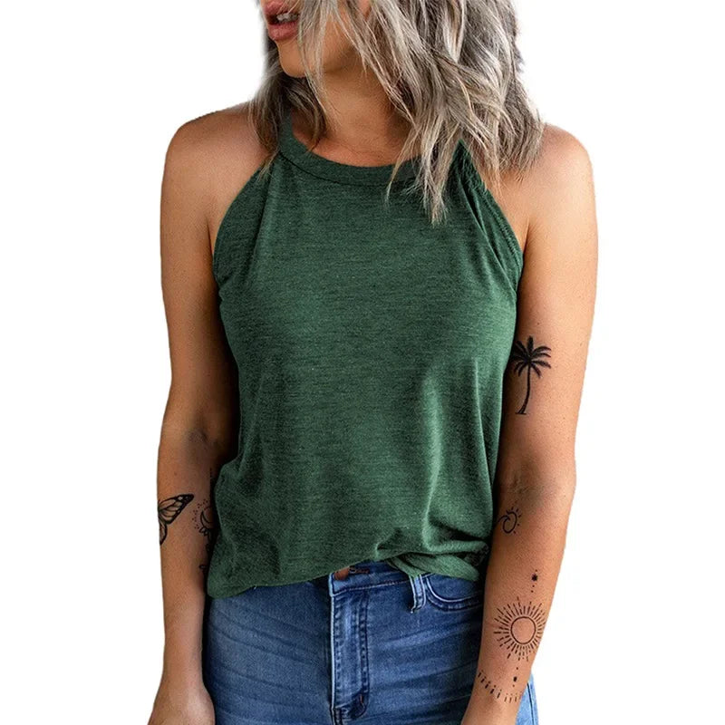 2026 Women's Summer Clothing Top Halter-neck Vest Shirts Women Wear Solid Color Slim-fit Sleeveless Round Neck Blouse For Women