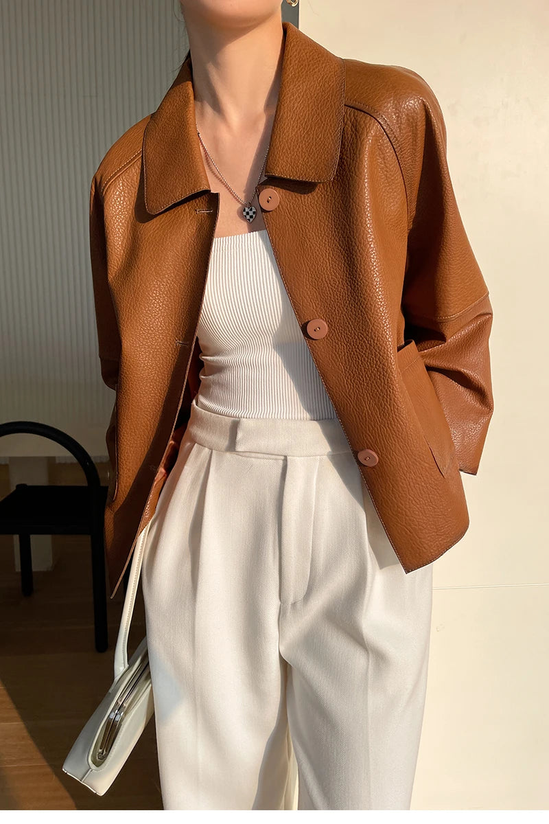 High-end Simple Natural Sheepskin Coats for Women 2025 New Trend Casual Single-breasted Lychee Texture Genuine Leather Jacket