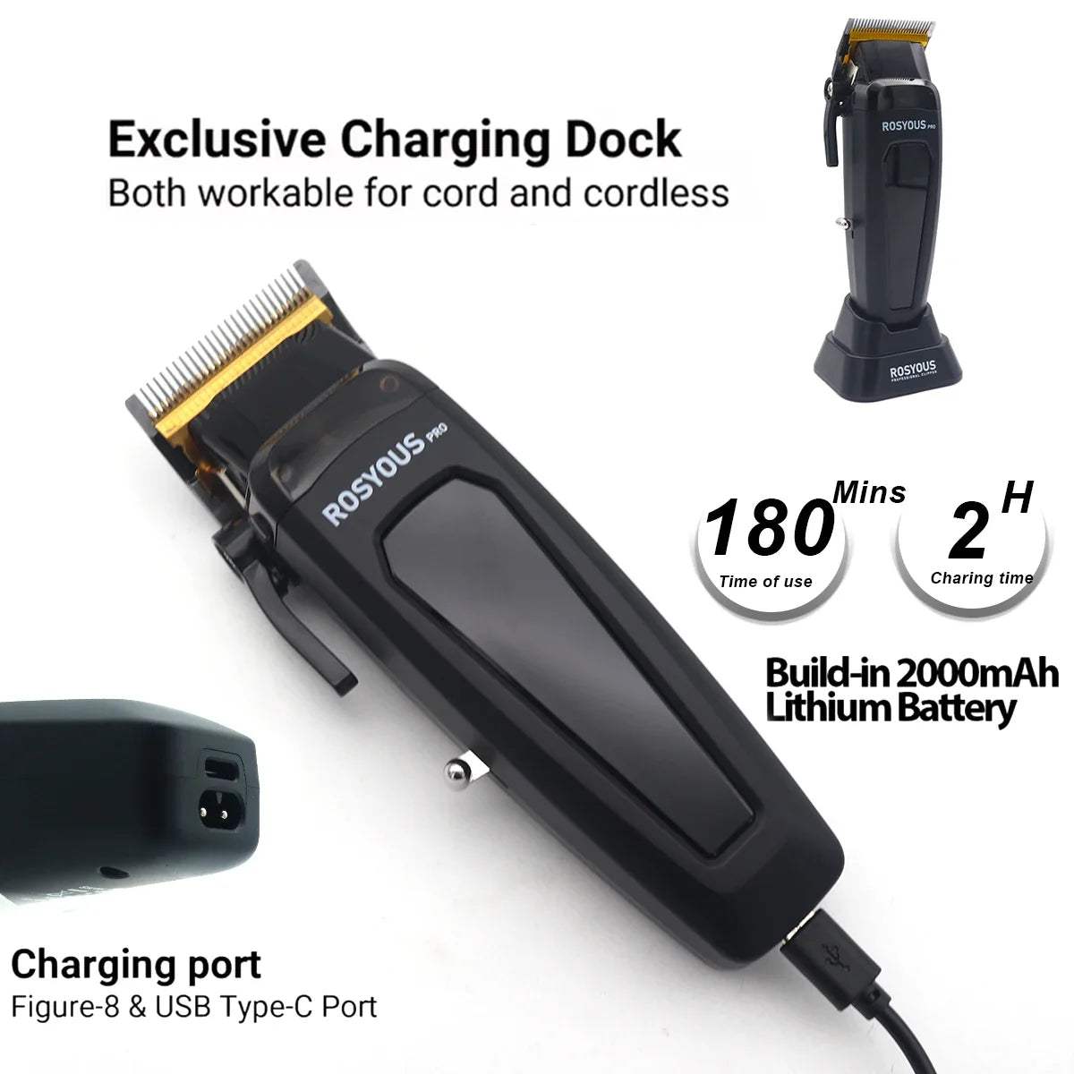Professional Electric Hair Clipper 106 Hair Trimmer for Man 7500RPM with Base 5-adjusted DLC Blade Barber Machine