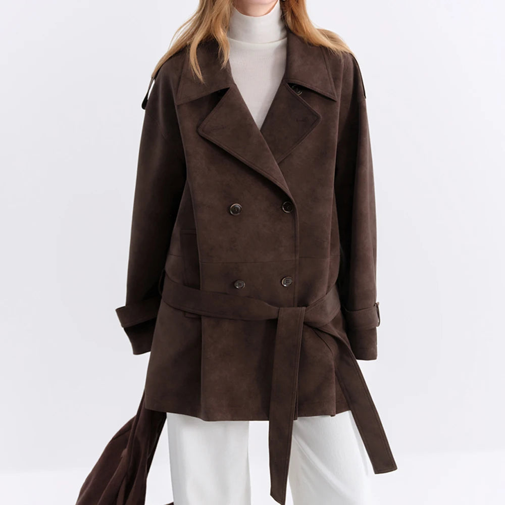 FSLE Retro Double-breasted Lapel Loose Leather Jacket for Women 2025 Winter New Casual Coffee-colored Jacket Loose Fit