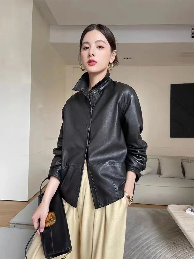 Tcyeek Genuine Leather Jacket Women Autumn Real Sheepskin Coats Black Leather Coat Womens Clothing Loose Fit Jaqueta De Couro
