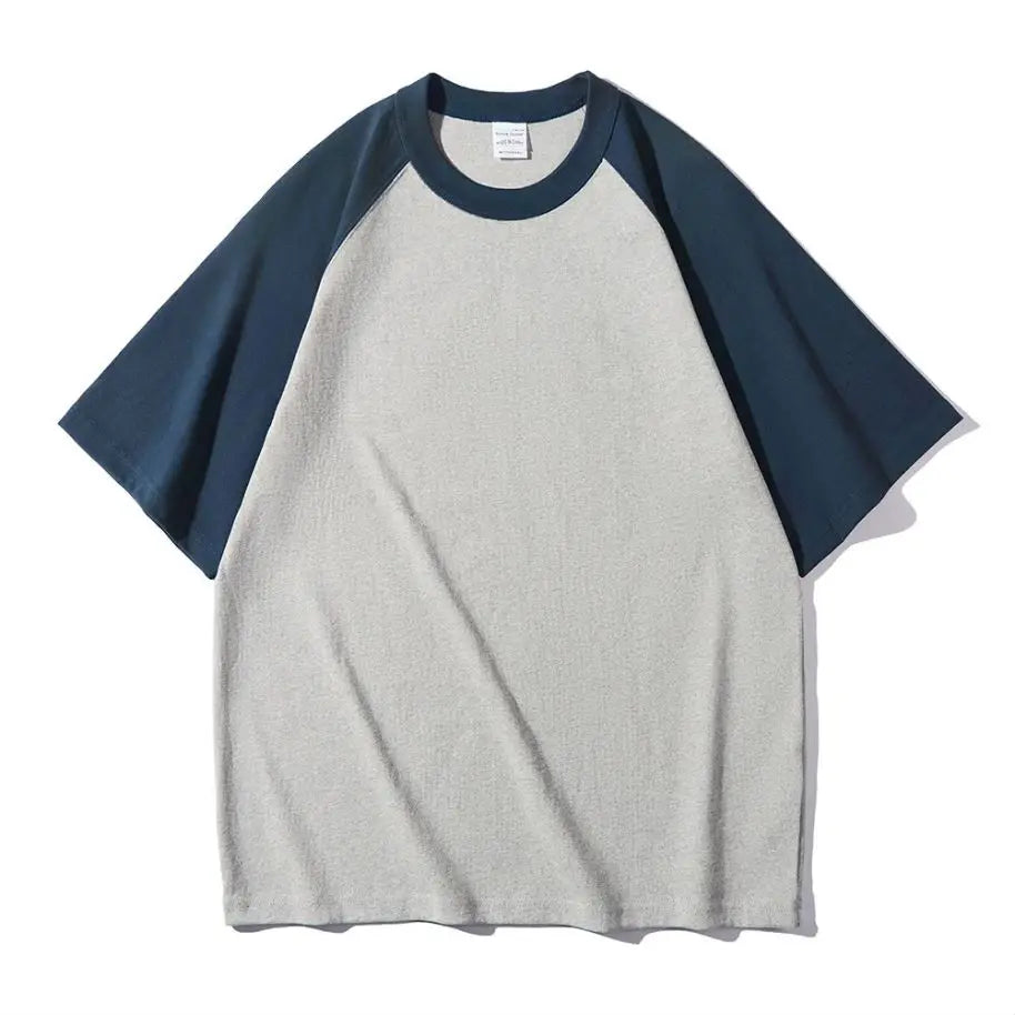 Mens 100% Heavy Cotton T-Shirt 300gsm Oversized Casual Stitching Color Tee Round Neck Loose Fit Knitted Tops Fashion Streetwear