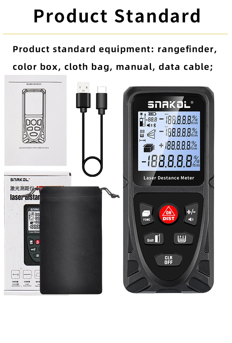Snakol Laser Distance Meter 50m 70m 100m 120m Digital Range Finder Rechargeable Rangefinder Laser Tape Measure Electronic Ruler