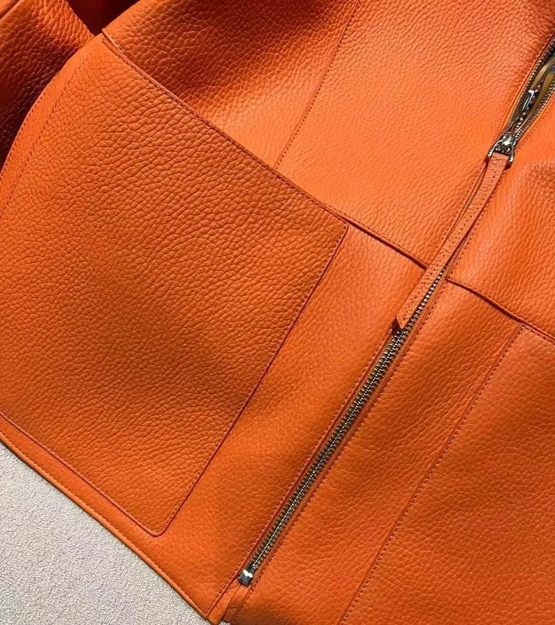 New fashion 2025 women coat sspring orange import real sheepskin jacket floral pattern lining short length big pockets