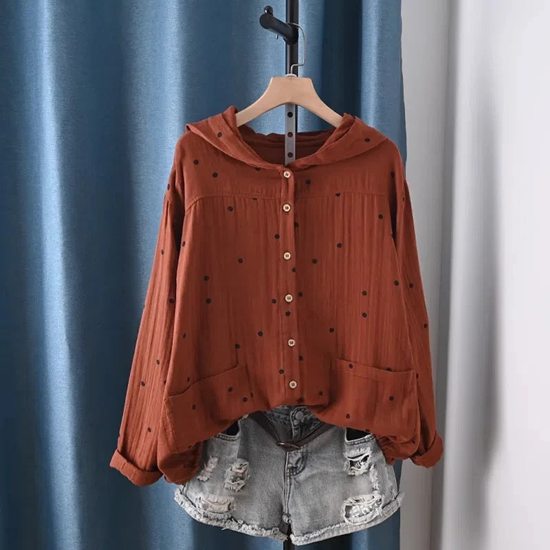 2025 Middle-aged women's clothing 100% cotton yarn hoodies polka dot print shirts long sleeve blouses for women hooded tops