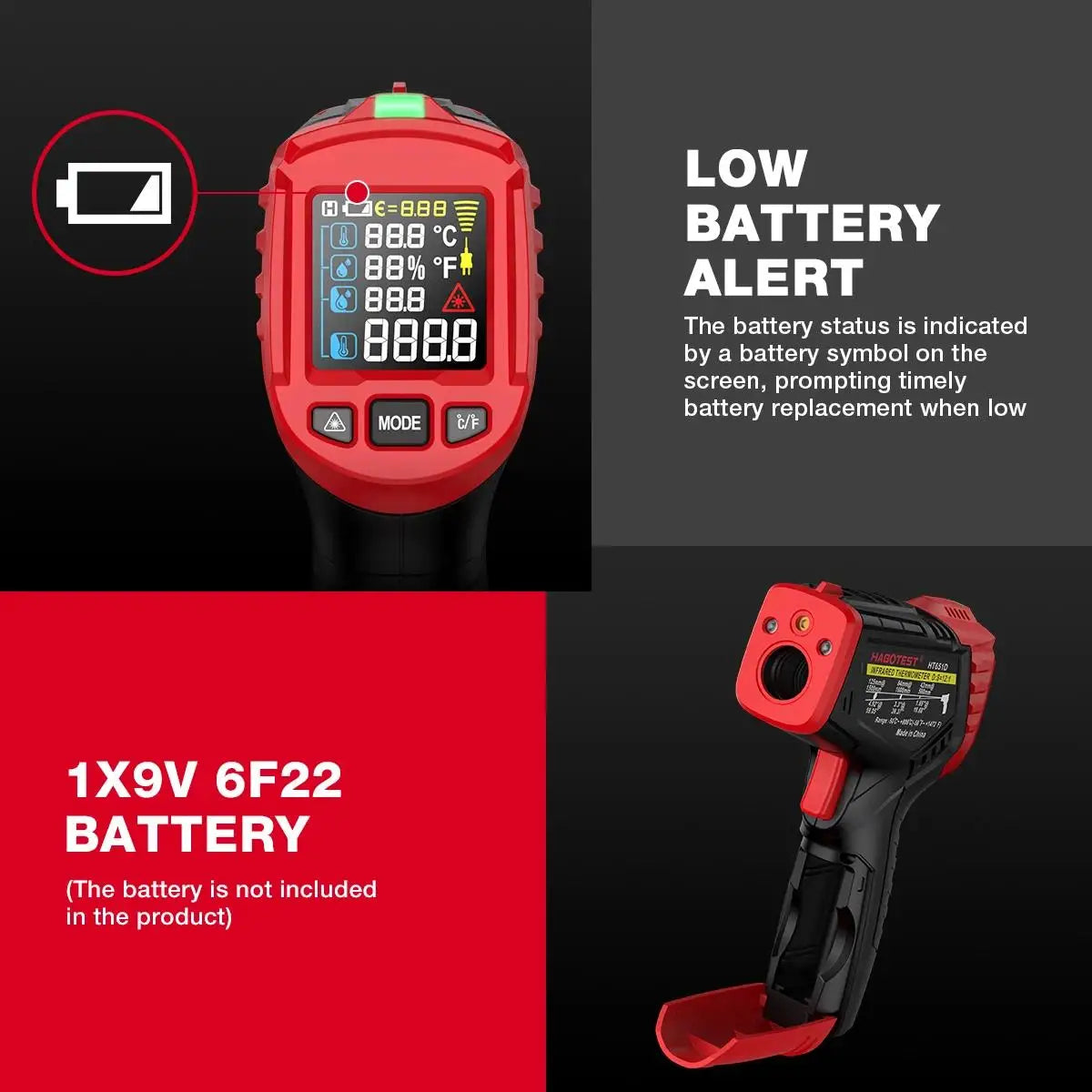 HABOTEST HT651D Infrared Thermometer Laser Temperature Meter -50-800℃ Non-contact Industrial Infrared Laser Temperature Meter