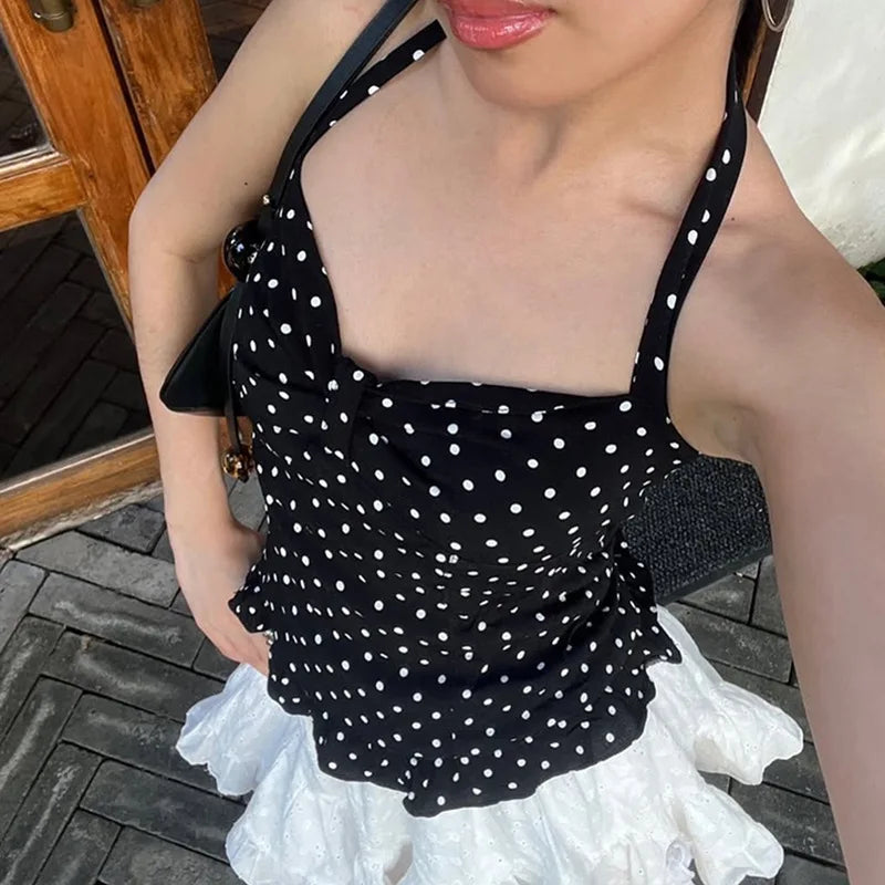 Women Halter Tank Tops Ruffles Hem Lady Sexy Backless Sleeveless Crop Top Summer Fashion Streetwear Female Dot Print Vests