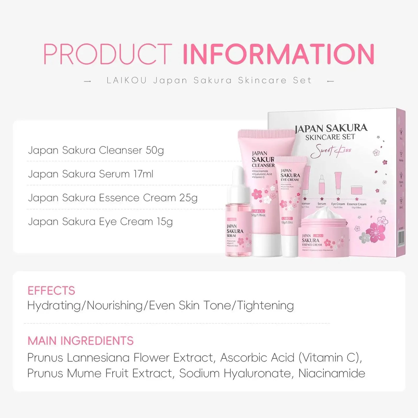 Japan Sakura Skincare Set 4pcs Hydrating Tightening Cleanser Serum Essence Cream Eye Treatment Soften Clean Skin Beauty