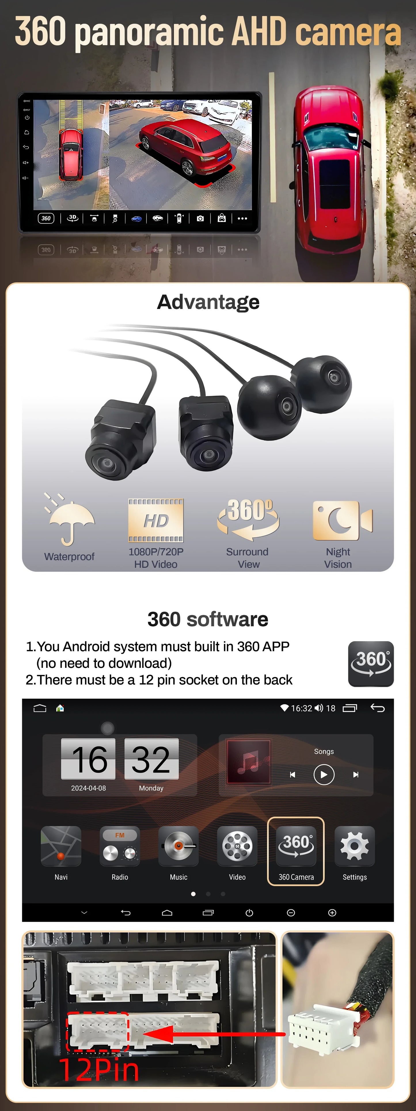 Universal 3D Bird View 360 Panoramic Camera  AHD 1080P /720P Rear / Front / Left / Right Accessorie For Car Android Radio