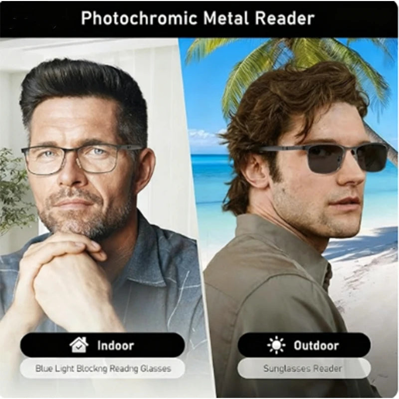 Reading Glasses Men Photochromic Blue Light Blocking Readers Wide Frame Style Metal Frame Tinted Eyeglasses