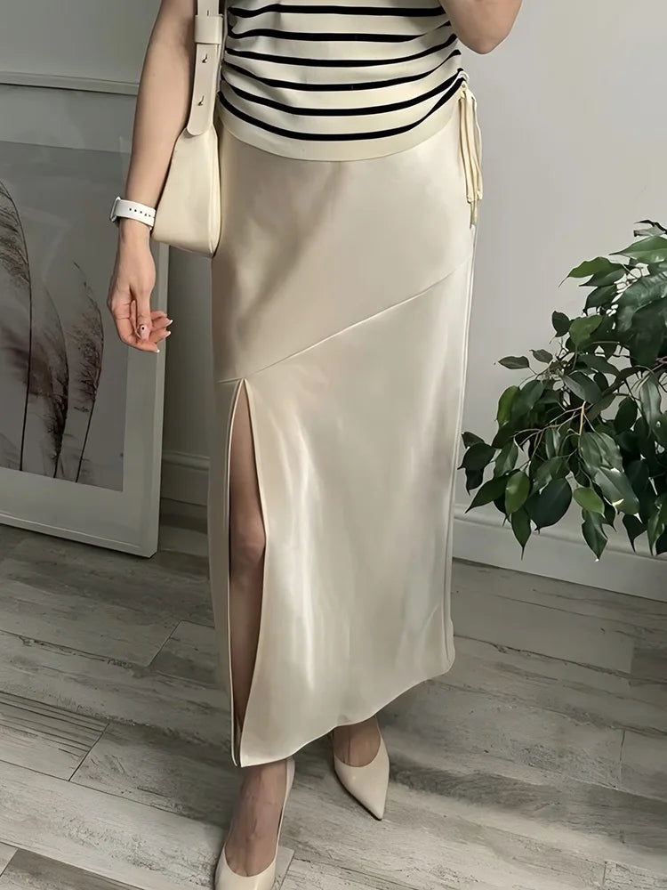 Summer Satin Skirts For Woman Office Maxi A Line Black Silk Skirts With Slit Lady High Waist Women Patchwork Skirt Long Elegant