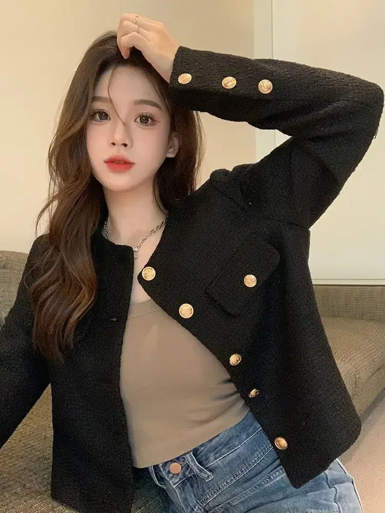 Wool Coat Women Jacket Short Autumn Winter Cardigan Long Sleeve Top Single Breasted Tweed Versatile Wool Top Full Sleeve 2024
