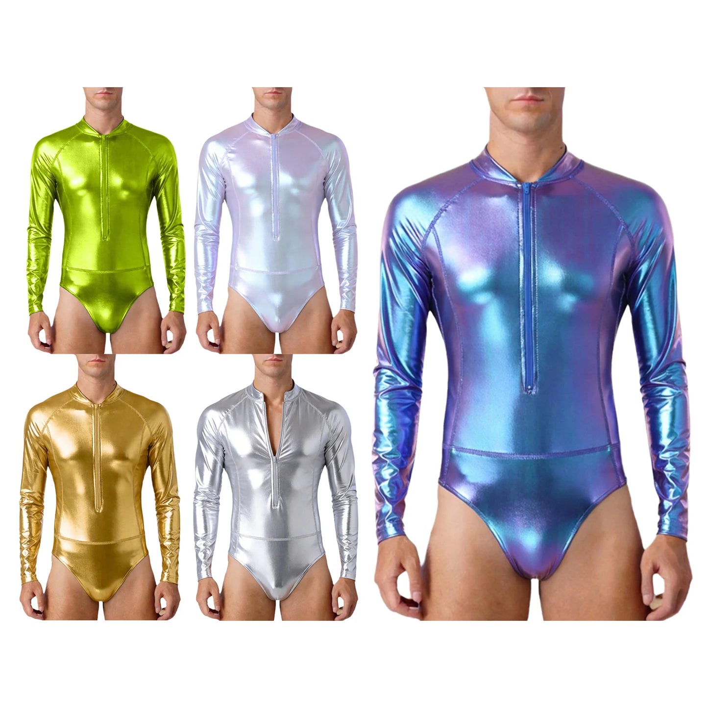 Mens Bathing Suits Swimsuits Metallic Shiny Bodysuit Long Sleeve One-piece for Nightclub Jazz Dance Beach Gymnastics Leotard