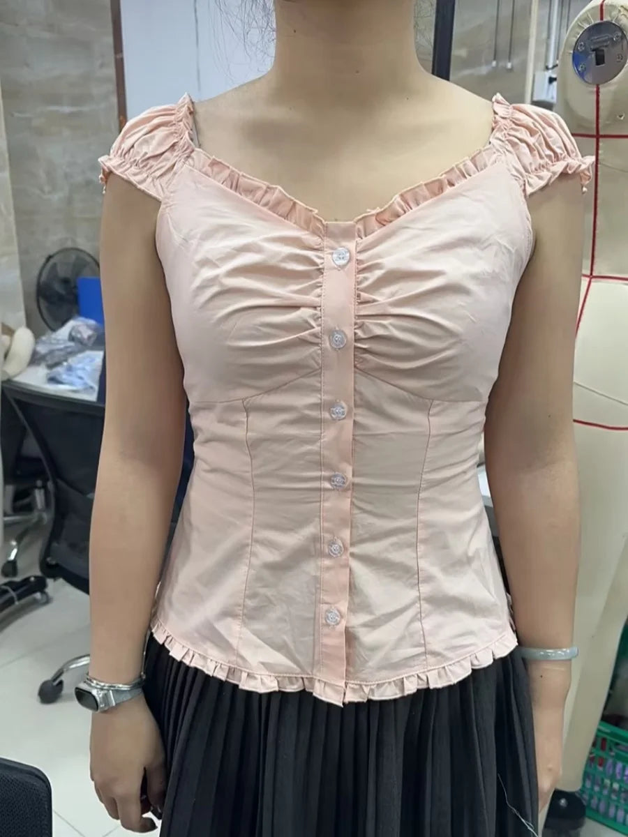 Women Summer Y2K Babydoll Crop Top Fairy Grunge Button Up Shirt Cap Sleeve Slim Fit Ruffle Hem Coquette Top