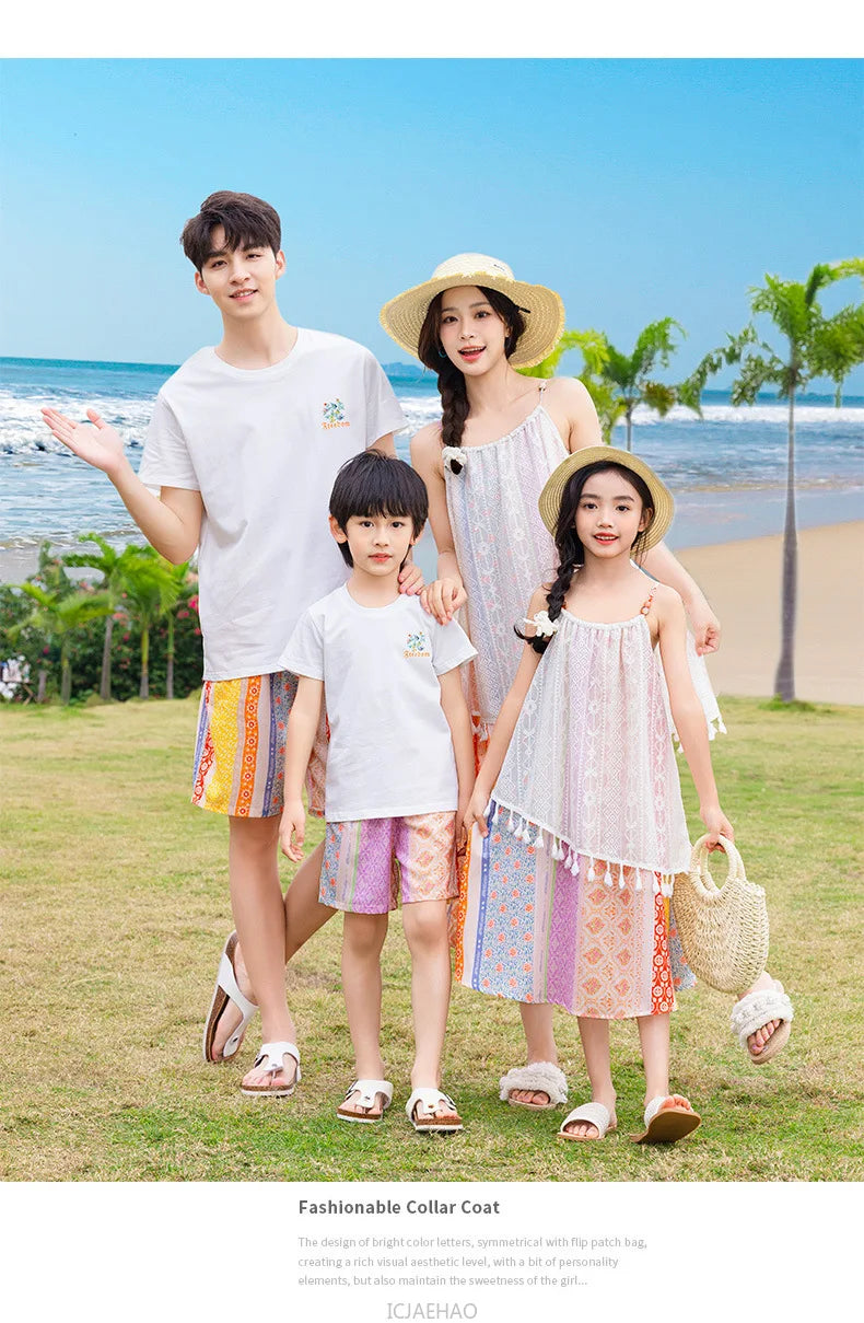 Dress 2025 Woman Vacation Couple Parent-child Beach Family Resorts Look Matching Holiday Outfit Mom Daughter Clothes Dad Son Set