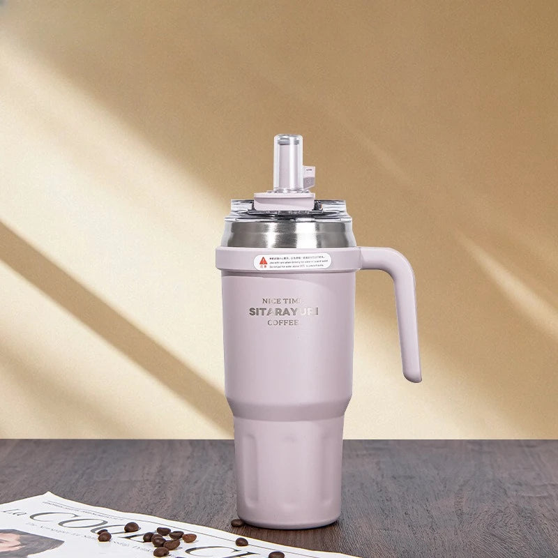 Large Capacity Insulated Straw Water Bottle for Students Summer, Cold & Hot Retention Tumbler with Handle, Leak-Proof Portable