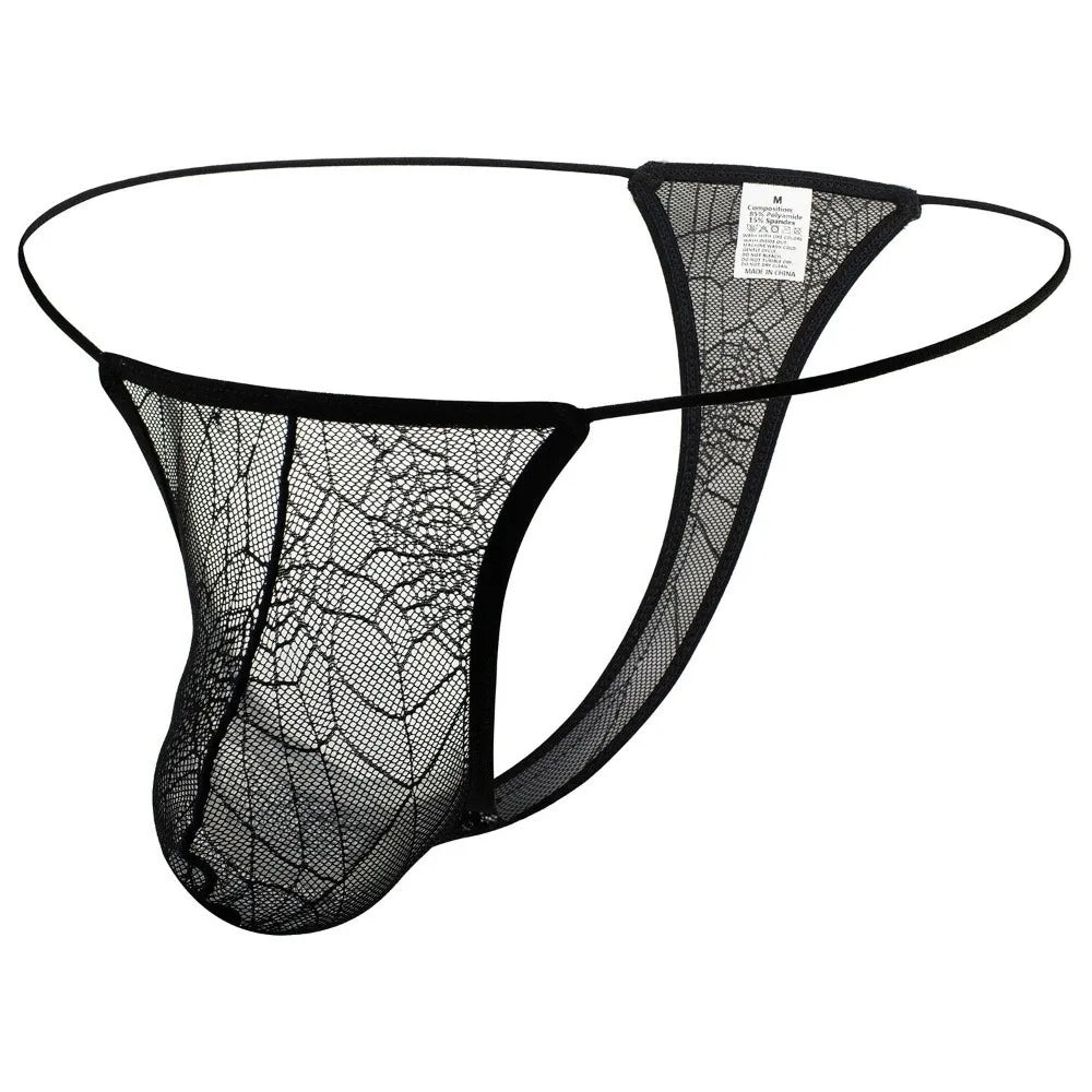 Comfortable Low Waist Men's Thongs Transparent U Convex Pouch T-back Briefs Mesh Halloween Net Lace Triangle Panties Fitness