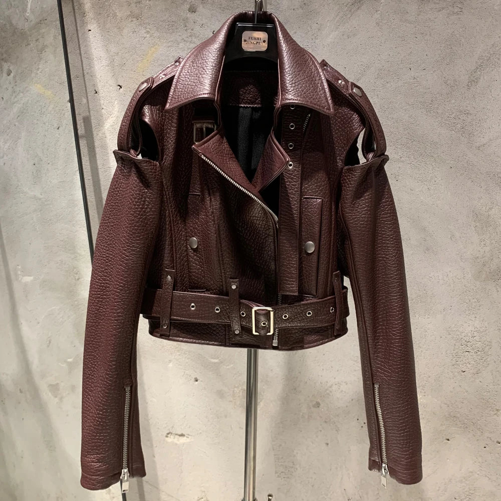 Black Texture Leather Jacket Biker Leather Jacket Ladies Real Sheepskin Coat N15