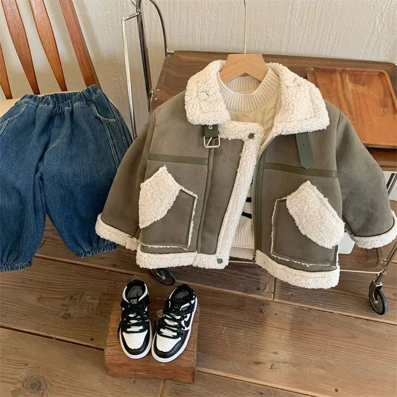 Winter New Children's Jacket Boys and Girls Baby Plush Thickened Cotton Coat Warm Jacket Motorcycle Coat  Autumn