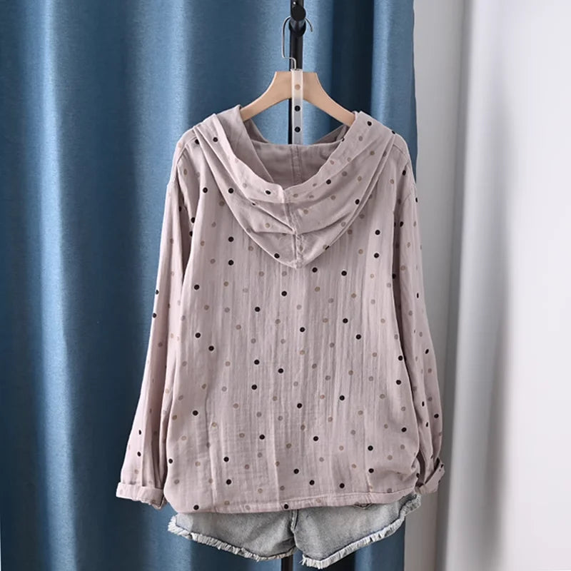 2025 Middle-aged women's clothing 100% cotton yarn hoodies polka dot print shirts long sleeve blouses for women hooded tops