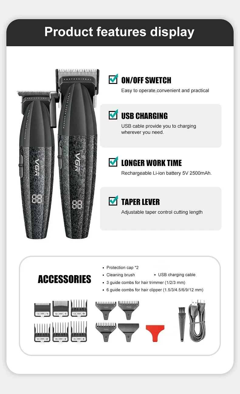 VGR Hair Trimmer Professional Clipper Cordless Barber 9000 RPM Rechargeable Hair Cutting Machine Metal Trimmer for Men V-640