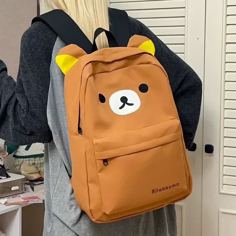 Rilakkuma Kawaii Cartoon Backpack Waterproof Nylon Large Capacity Embroidery School Bag For Young Adult Daily Travel Campus Work
