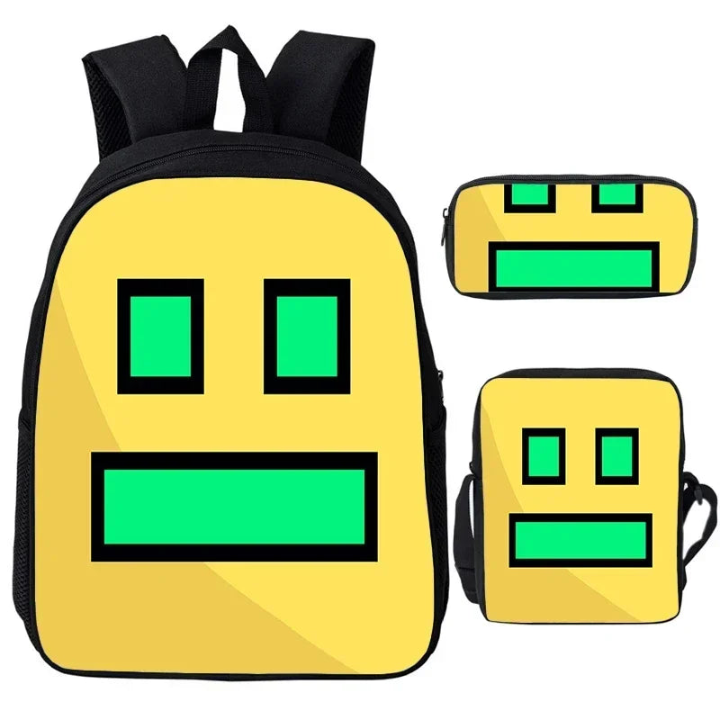 Large Capacity Bookbag 3pcs Set Boys Girls School Bags Angry Geometry Dash Cartoon Print Children Backpack Back To School Gifts