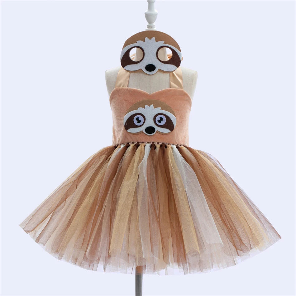 Girl Cartoon Raccoon Sloth Koala Piggy Rabbit Tutu Sling Dress Children Cosplay Festival Performance Dance Costume Headband Sets