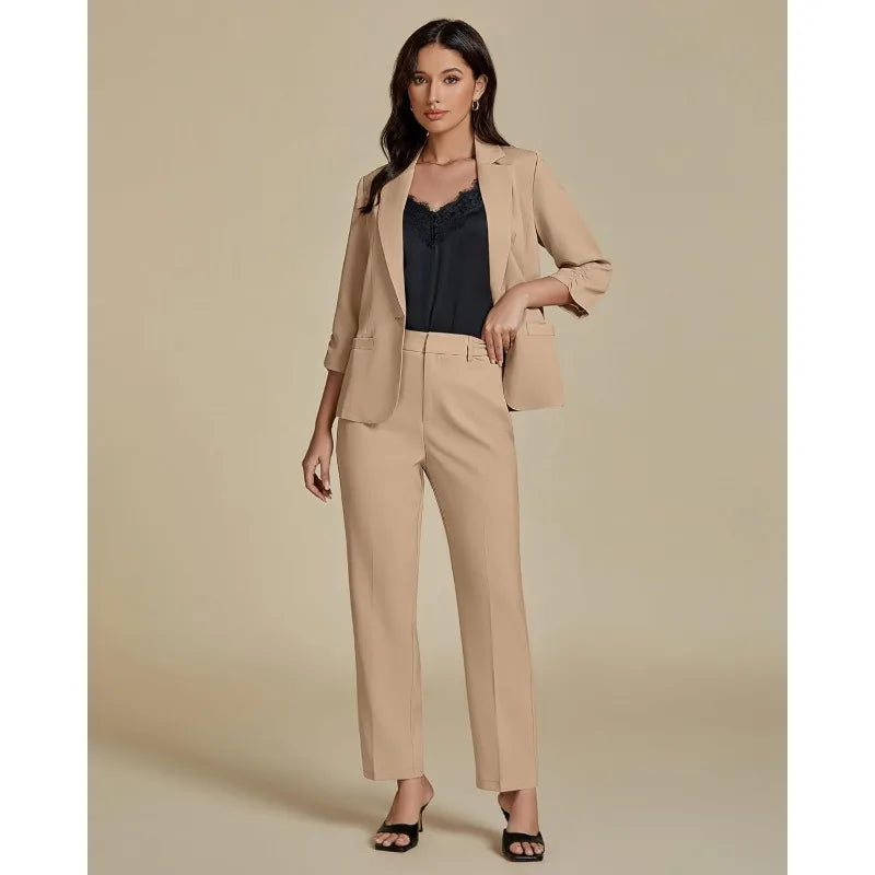 Pant Suits for Women Dressy 2 Piece Business Casual Outfits 3/4 Sleeve Blazer Straight Leg Pant Sets Office Work