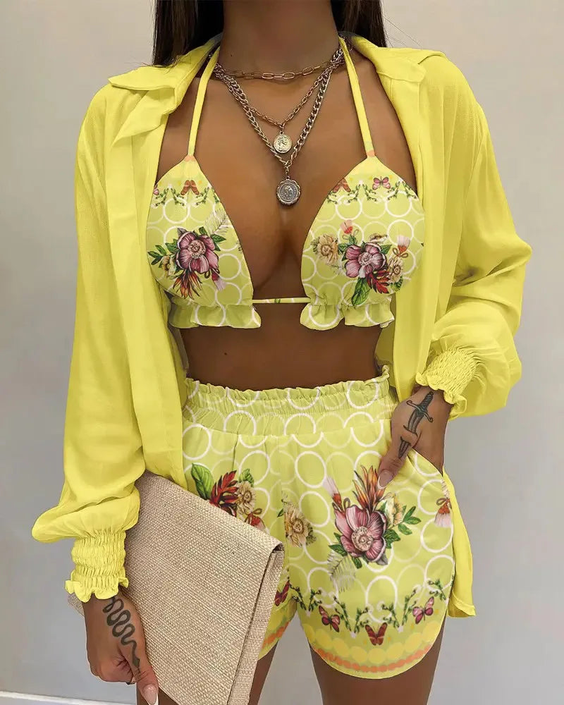 2024 New Bathing Suit Shorts Cover Up Summer Three Pieces Swimwear Sexy Beachwear High Waist Bikini Set Print Women's Swimsuit