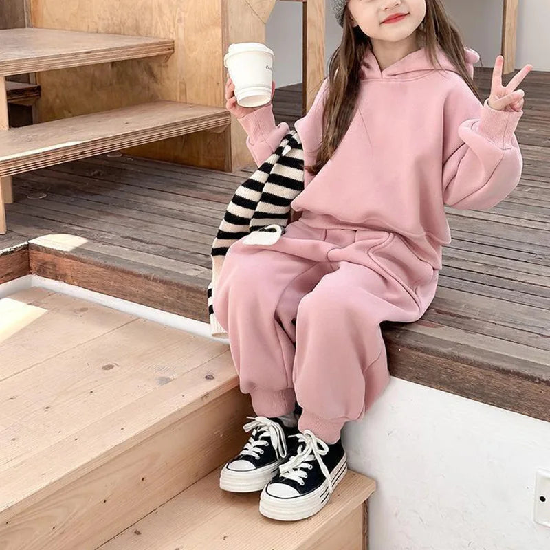 2025 Winter New Children Plus Velvet Thick Clothes Set Boys Girls Fleece Hooded Sweatshirt + Sweat Pants Suit Kids Warm Outfits