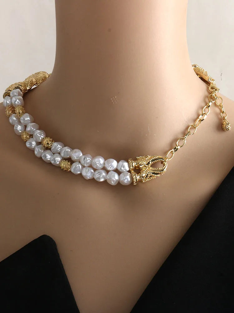 Light luxury high-grade multi-layer pearl necklace retro exaggerated niche alloy collarbone chain women's fashion jewelry