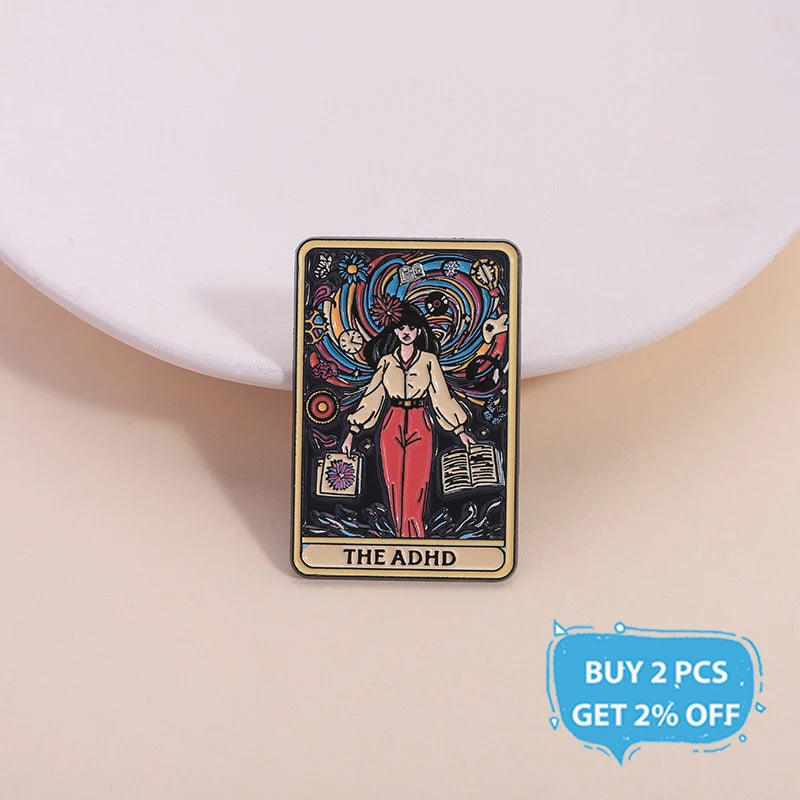 The ADHD Tarot Cards Enamel Pin Autism Mental Health Metal Brooch Lapel Backpack Badge Jewelry Accessories Gift For Friends