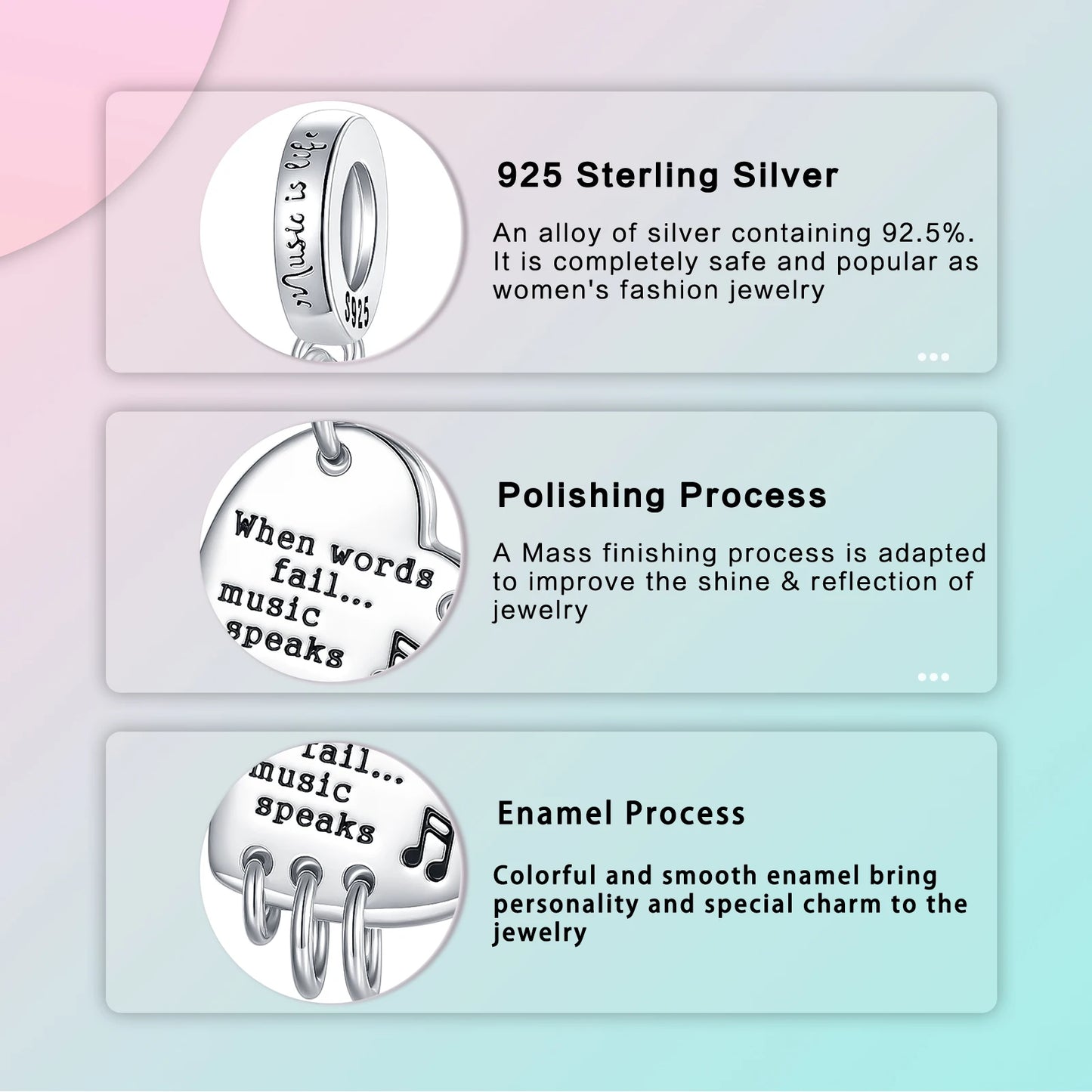 925 Sterling Silver When Words Fail Music Speaks Pendant musical notation Fit Original Charm Bracelets Women DIY Jewelry Gift