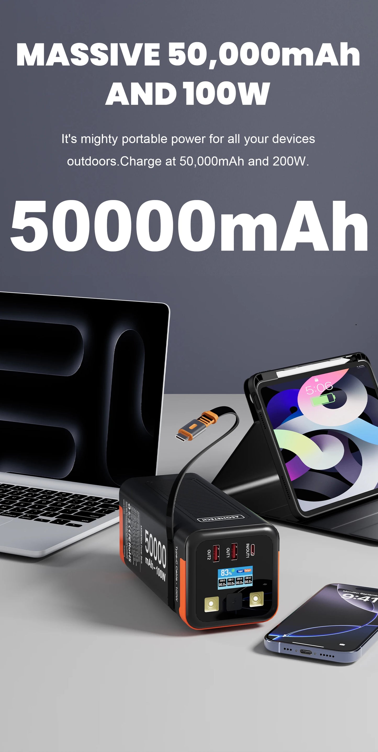 Power Bank 50000mAh 100W PD PPS Super Fast Charging Portable Spare Battery Type-C Retractable Cable Powerbank For Phone Laptop